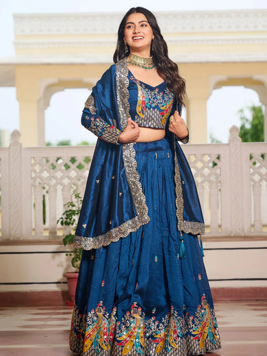 Awesome Blue Sequins Embroidered Reception Wear Lehenga Choli